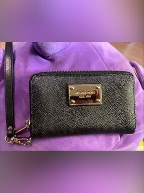 Michael Kors Black Pebbled Leather Wristlet with Gold Plate